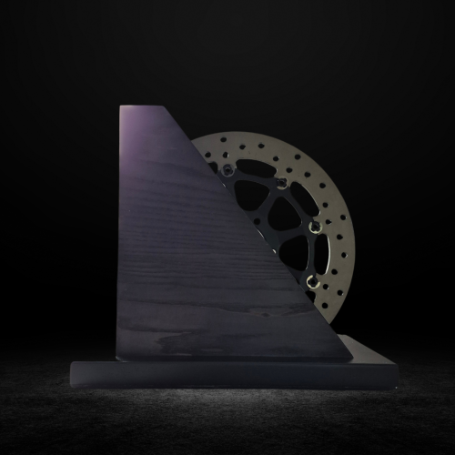 Wooden urn – for a motorcyclist – made of ash, featuring an original brake disc – a unique piece