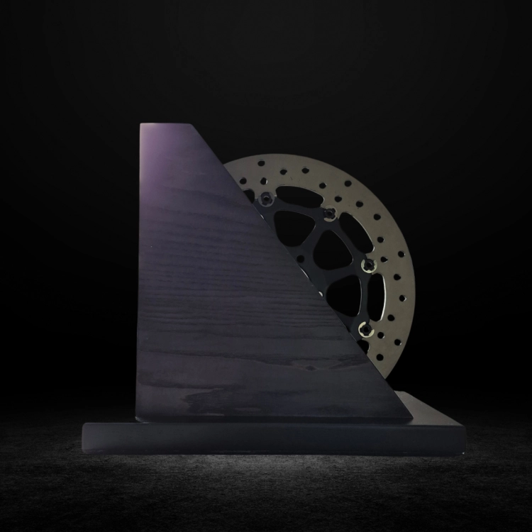 Wooden urn – for a motorcyclist – made of ash, featuring an original brake disc – a unique piece