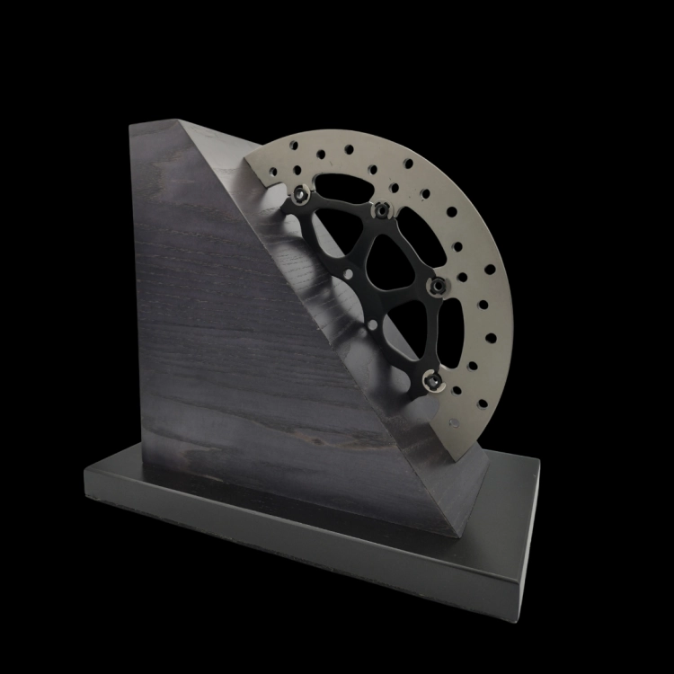 Wooden urn – for a motorcyclist – made of ash, featuring an original brake disc – a unique piece
