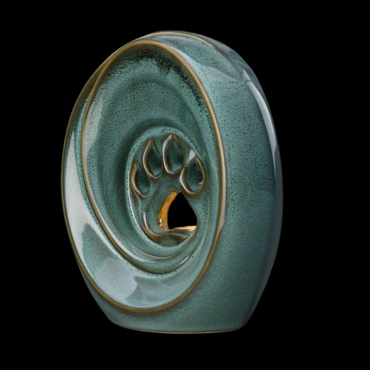 Ceramiczna urna dla zwierząt łapka z miejscem na świeczkę zielono beżowy melanż połysk (3).jpg