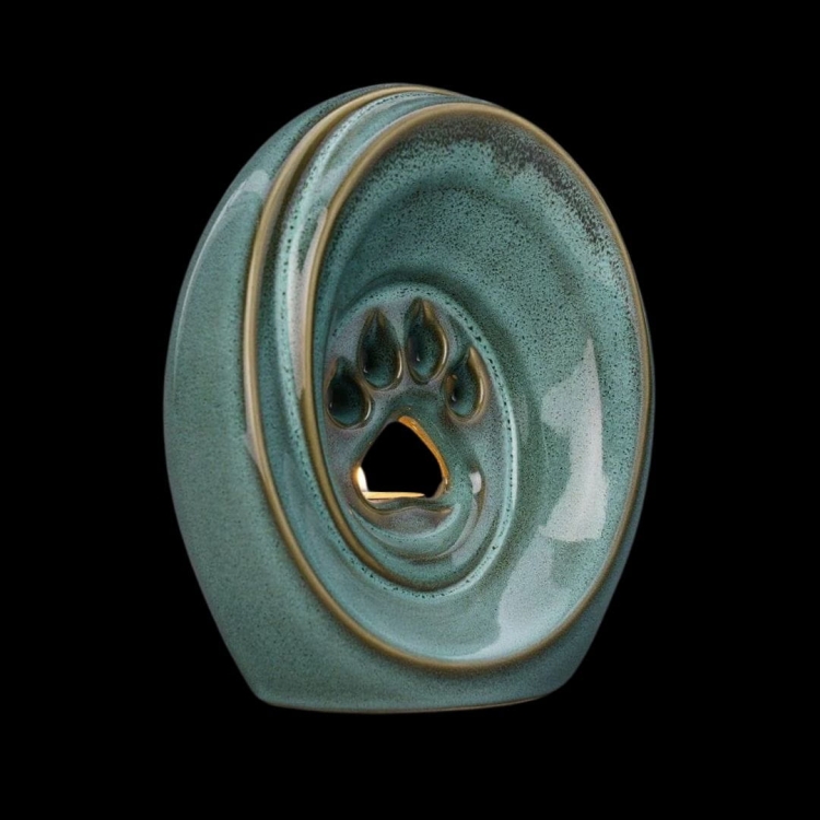 Ceramiczna urna dla zwierząt łapka z miejscem na świeczkę zielono beżowy melanż połysk (4).jpg