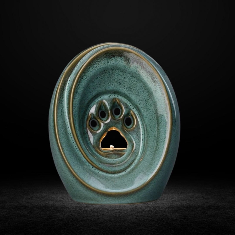 Ceramiczna urna dla zwierząt łapka z miejscem na świeczkę zielono beżowy melanż połysk (5).jpg