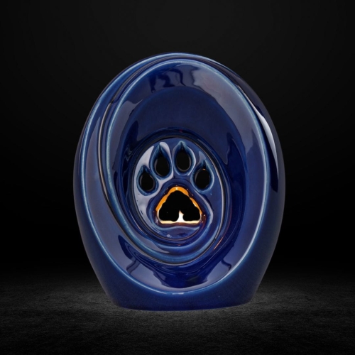 Ceramiczna urna dla zwierząt łapka z miejscem na świeczkę kobaltowy metalik (4).jpg