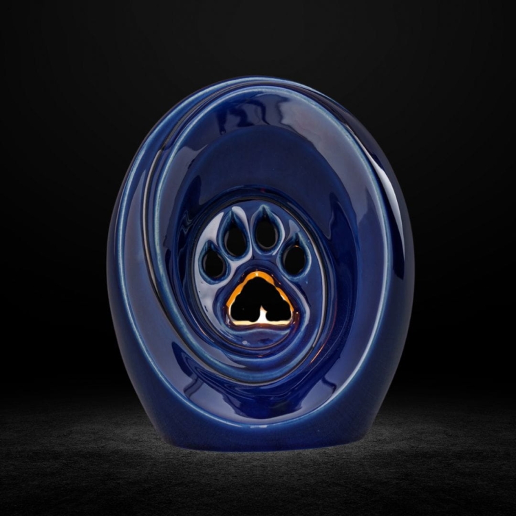 Ceramiczna urna dla zwierząt łapka z miejscem na świeczkę kobaltowy metalik (4).jpg