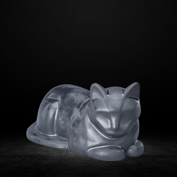 Ceramiczna urna dla zwierząt Kot leżący szary ciemne przetarcia mat