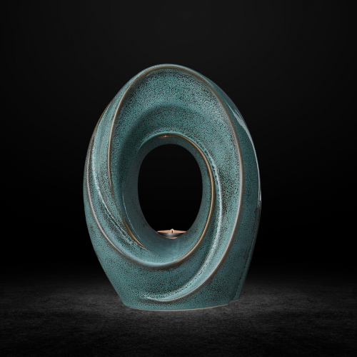 Ceramiczna urna "Spirala wieczności" z miejscem na małą świeczkę zielono beżowy melanż